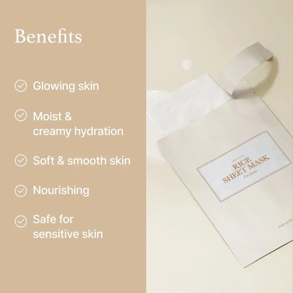 Busta con maschera in tessuto di riso e testo. Benefici: pelle luminosa, idratante, pelle morbida, nutriente, per pelli sensibili.