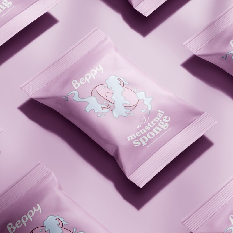 Confezione rosa singola con immagine del prodotto e scritta "Beppy wet menstrual sponge".