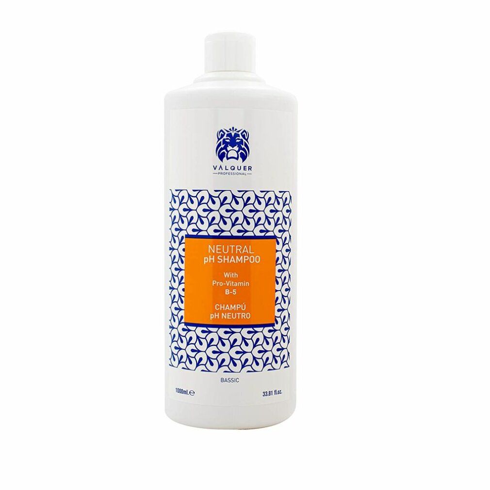 Flacone bianco con etichetta blu-arancione. Scritta: Neutral pH Shampoo, con Pro-Vitamina B-5. Marchio Valquer.