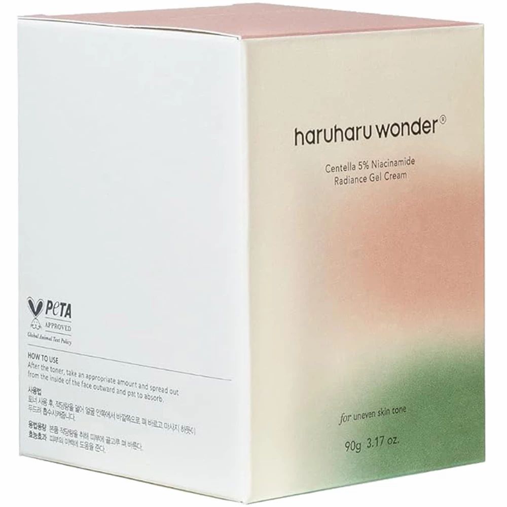 Confezione del prodotto haruharu wonder, Centella 5% Niacinamide Radiance Gel Cream. Logo PETA. Per tono non uniforme.