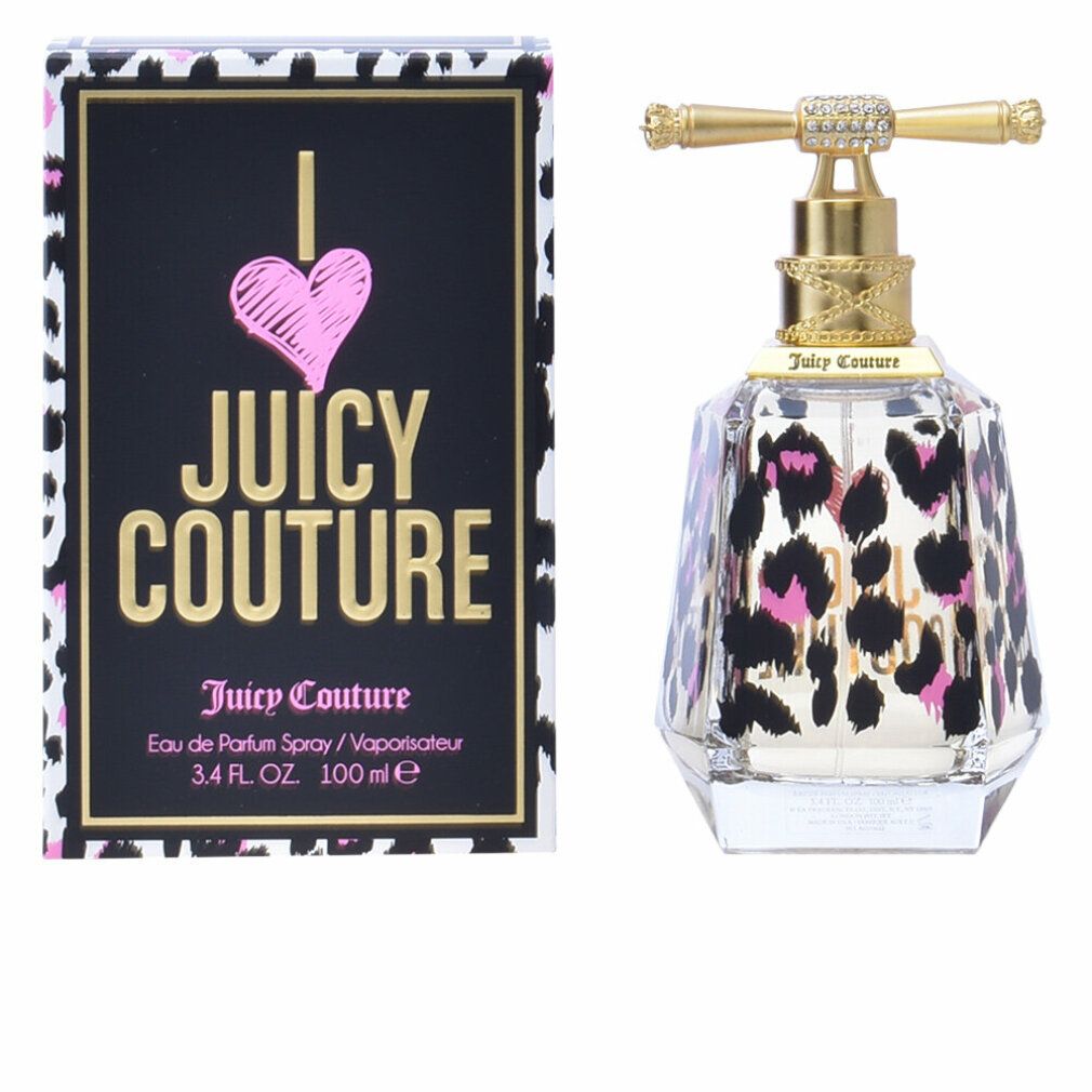 Flacone e confezione di Juicy Couture Eau de Parfum Spray. Flacone leopardato, chiusura dorata. Scatola nera con logo.