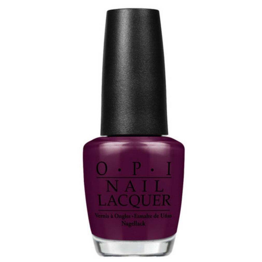 Smalto per unghie OPI, viola scuro. Tappo nero, flacone trasparente. Scritta: OPI NAIL LACQUER.