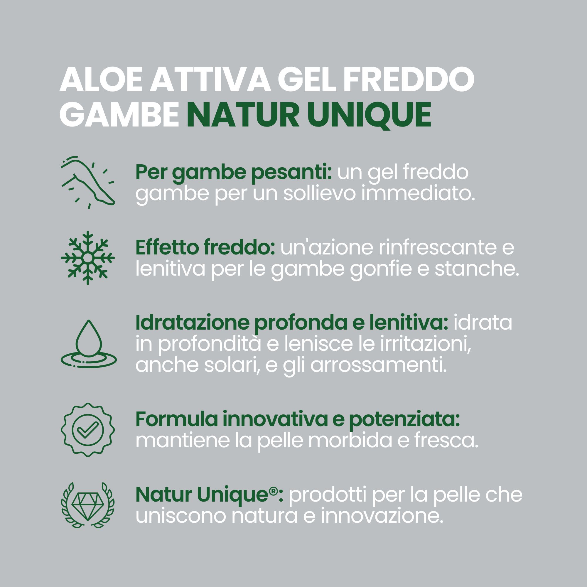 Elenco dei benefici di un gel rinfrescante all'aloe vera per le gambe, con icone per sollievo e idratazione.