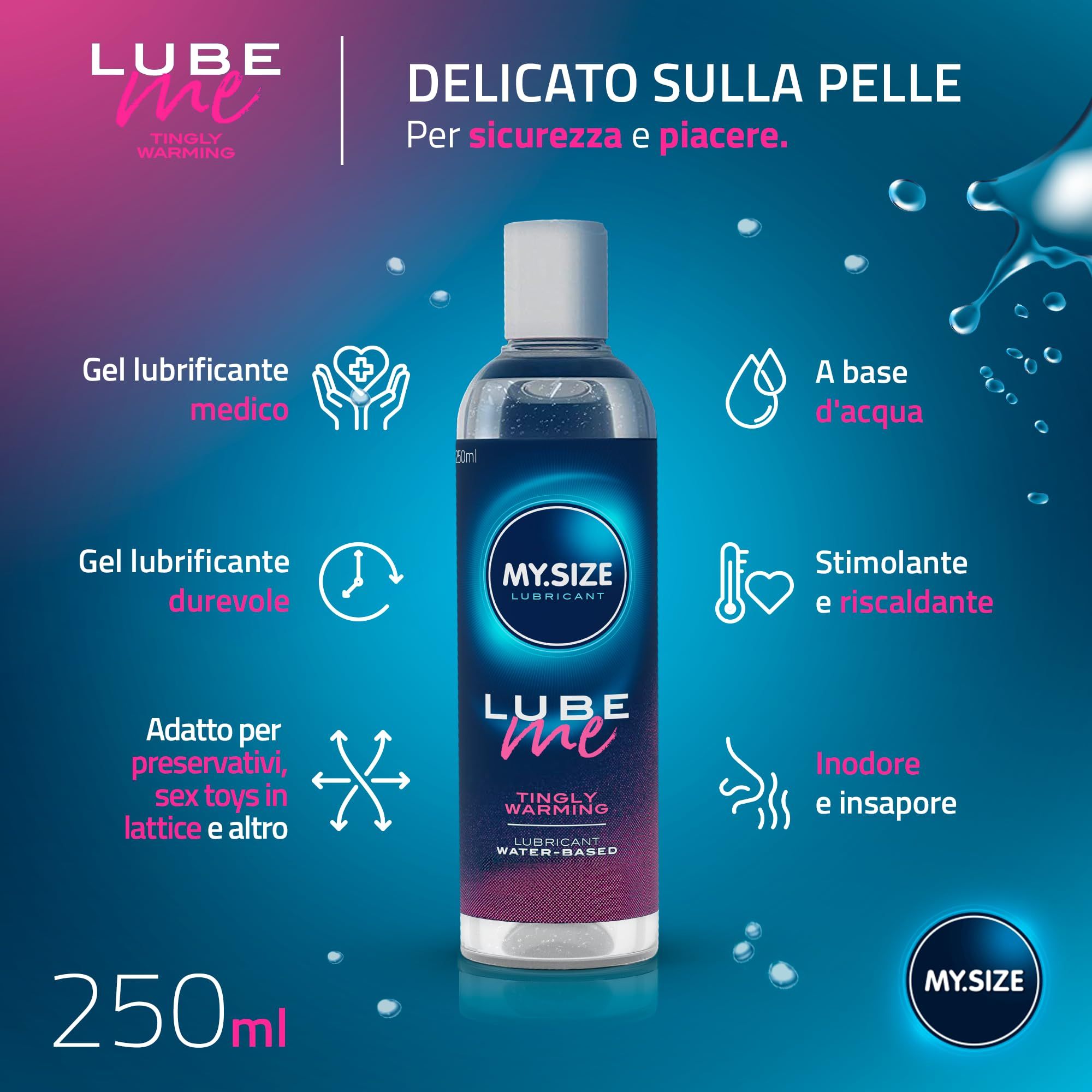 MY.SIZE Lube Me Premium Gel Lubrificante Tingly Warming, 250 ml. A base d'acqua, stimolante, riscaldante.