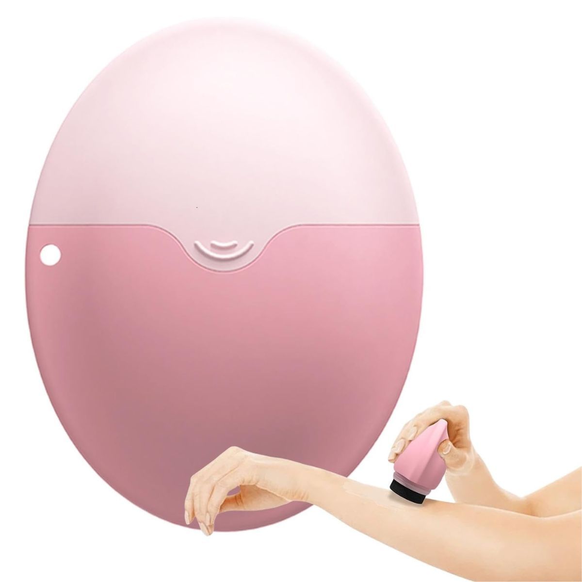 Prodotto ovale rosa, dimostrazione d'uso. Prodotto in mano, applicato sul braccio. Bicolore.