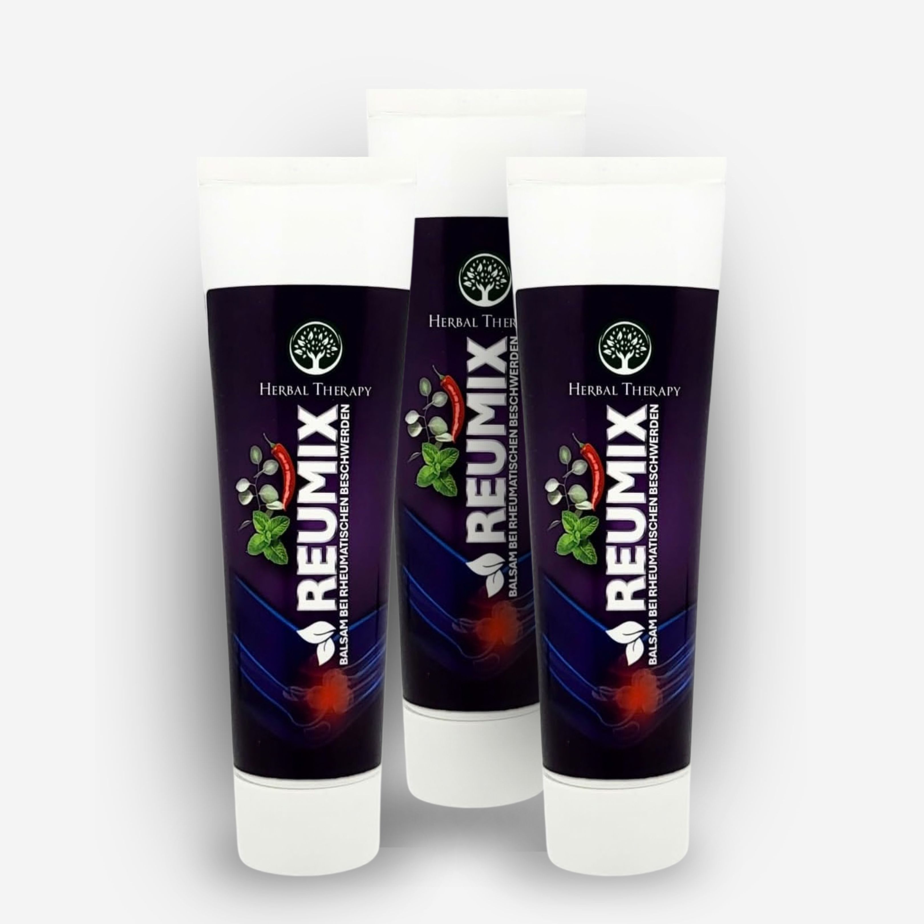 Tre tubetti del balsamo Reumix per disturbi reumatici. La confezione mostra erbe e spezie.