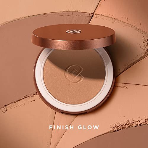 Terra abbronzante in confezione rotonda con coperchio aperto. Due tonalità. Testo: FINISH GLOW. Logo sulla polvere.