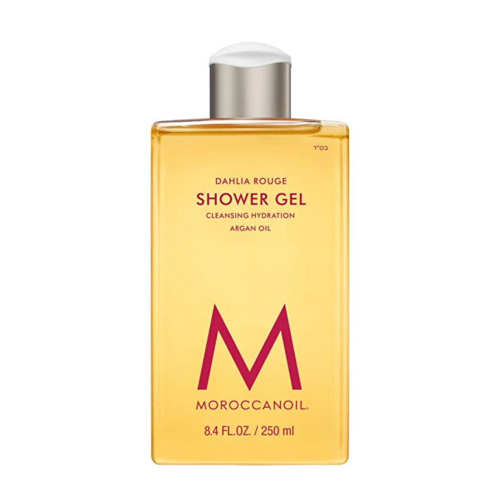 Flacone di gel doccia giallo. Scritta: Dahlia Rouge, Shower Gel, Cleansing Hydration, Argan. Logo: M. Marchio: Moroccanoil.