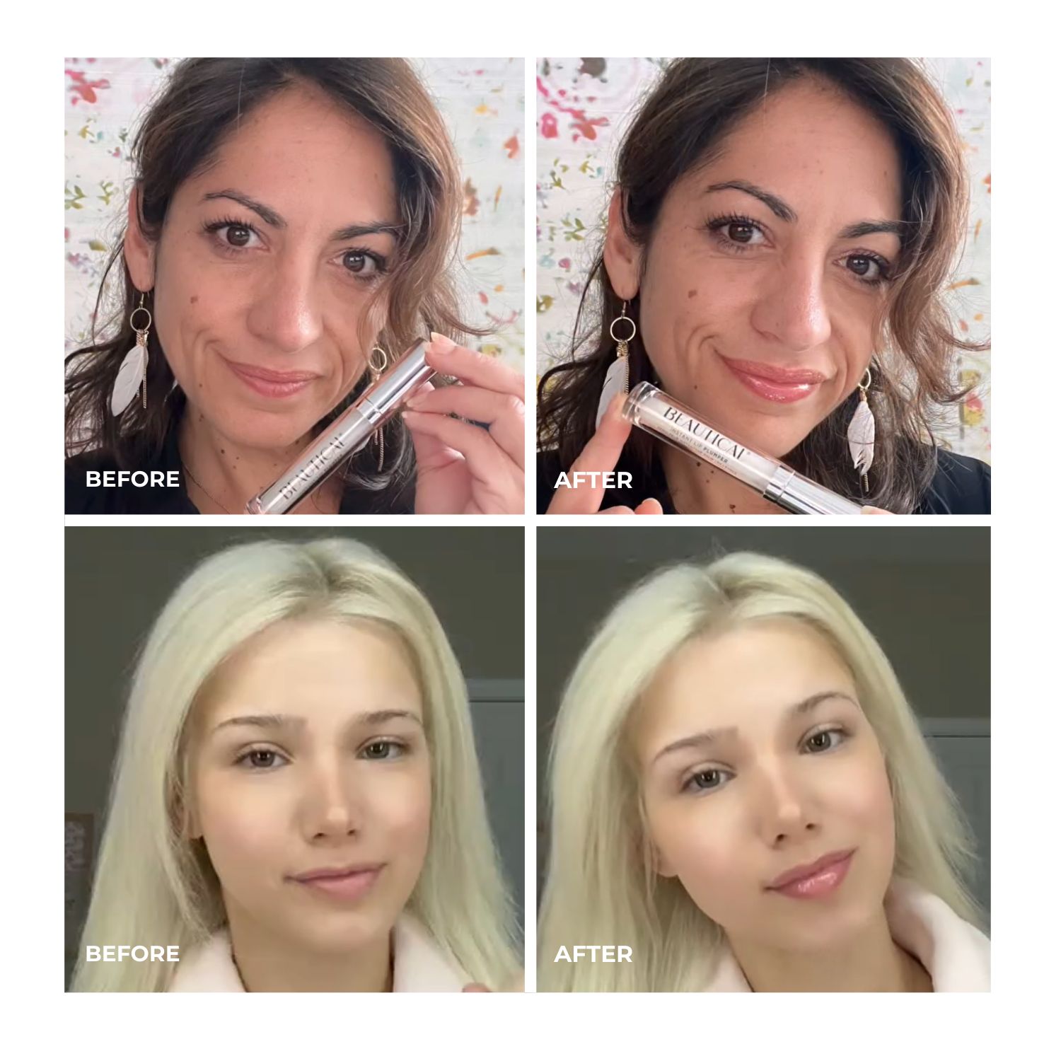 Confronto prima-dopo. Due donne. BEAUTICAL Instant Lip Plumper. Applicatore rossetto.