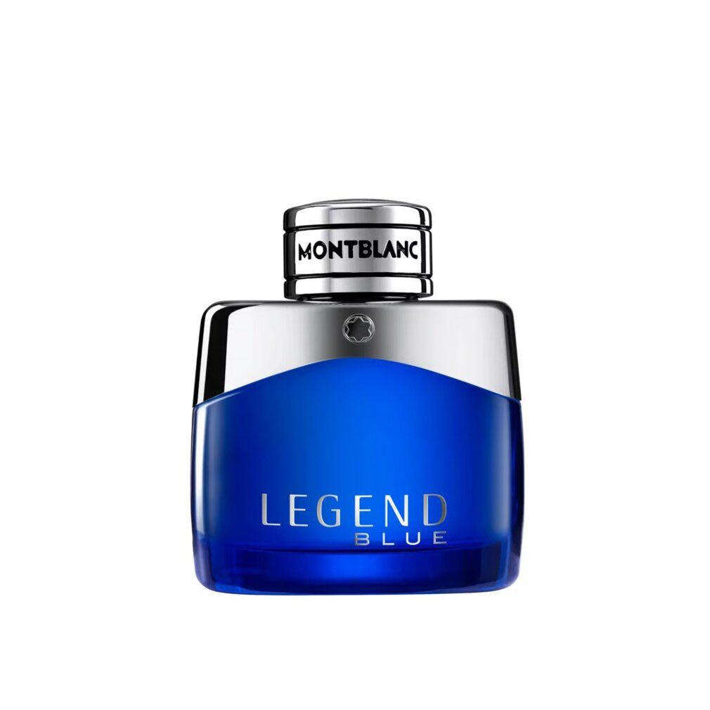 Flacone blu con tappo argentato. Scritta LEGEND BLUE e MONTBLANC. EdP Nat. Spray.