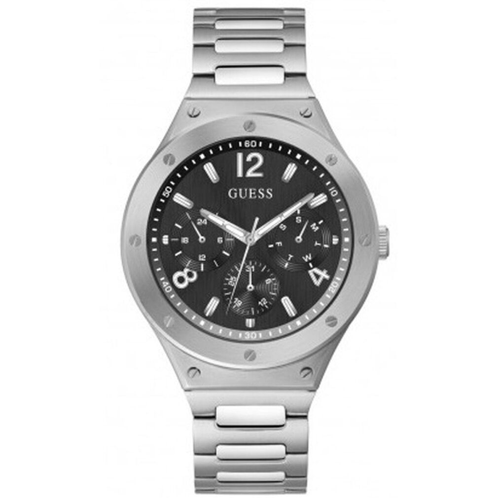 Orologio da uomo con cinturino argentato e quadrante nero. Il quadrante mostra il marchio GUESS e diversi piccoli quadranti.
