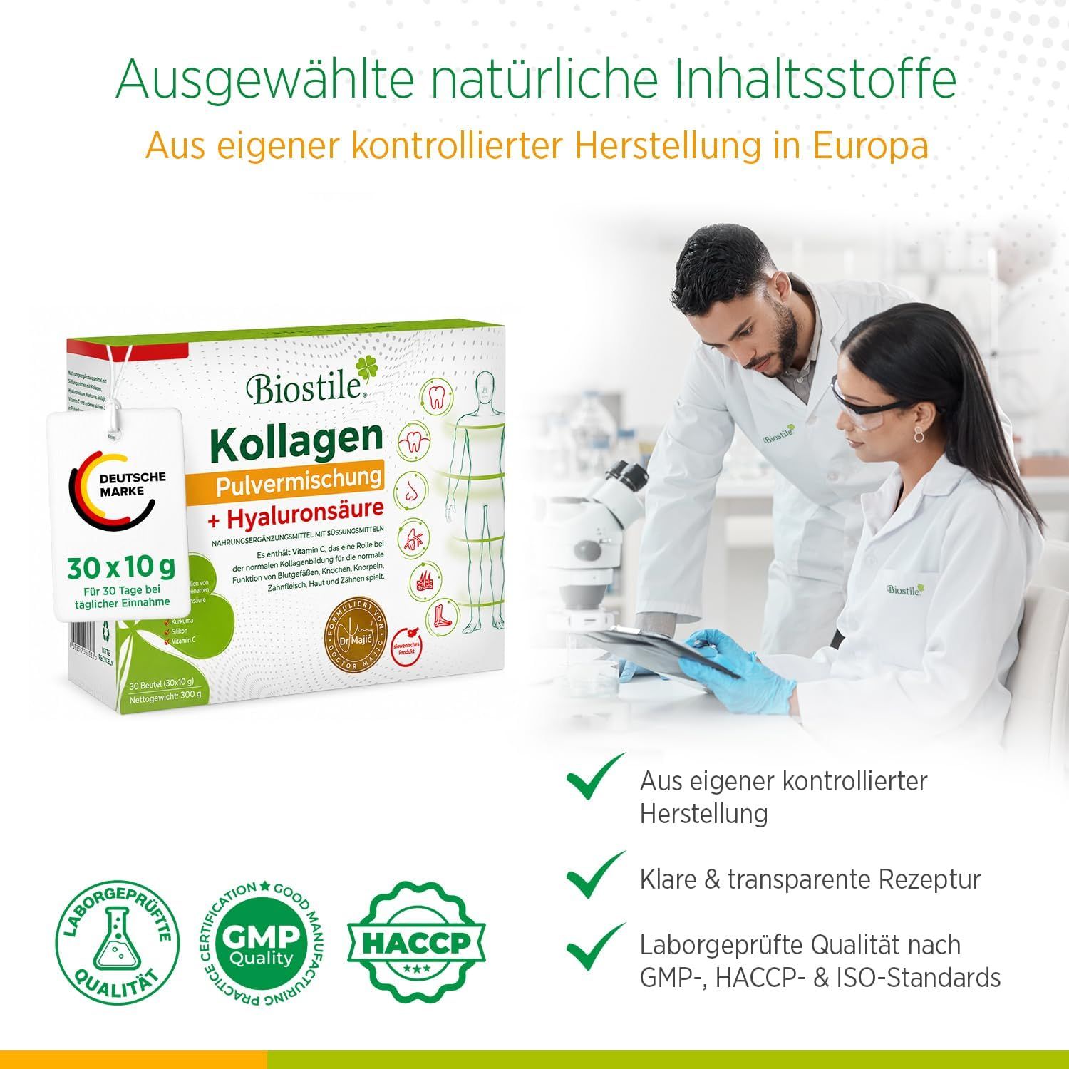 Confezione Biostile Collagen Pulvermix + Acido Ialuronico con certificati di qualità.