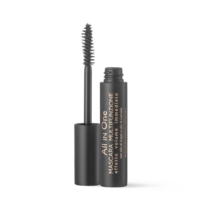 Tubo di mascara nero con spazzola aperta. Scritta: All in One Mascara multifunzione. Testo dorato.
