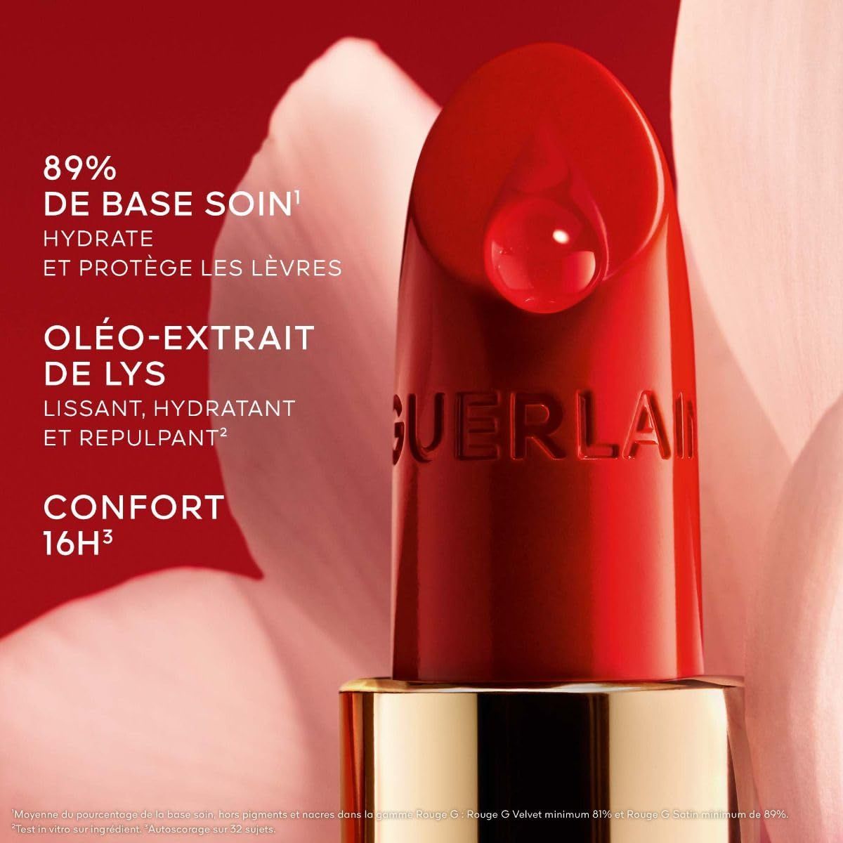 Rossetto rosso Rossetto Guerlain. Testo: "89% DE BASE SOIN", "OLÉO-EXTRAIT DE LYS", "CONFORT 16H".