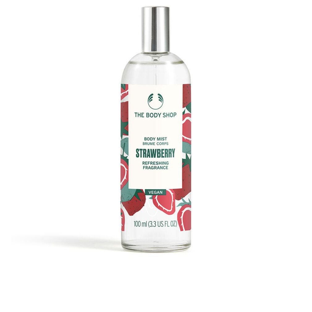 Flacone di Body Mist con design fragola. Scritta: Strawberry, Body Mist, The Body Shop. Erogatore argentato. Vegano.