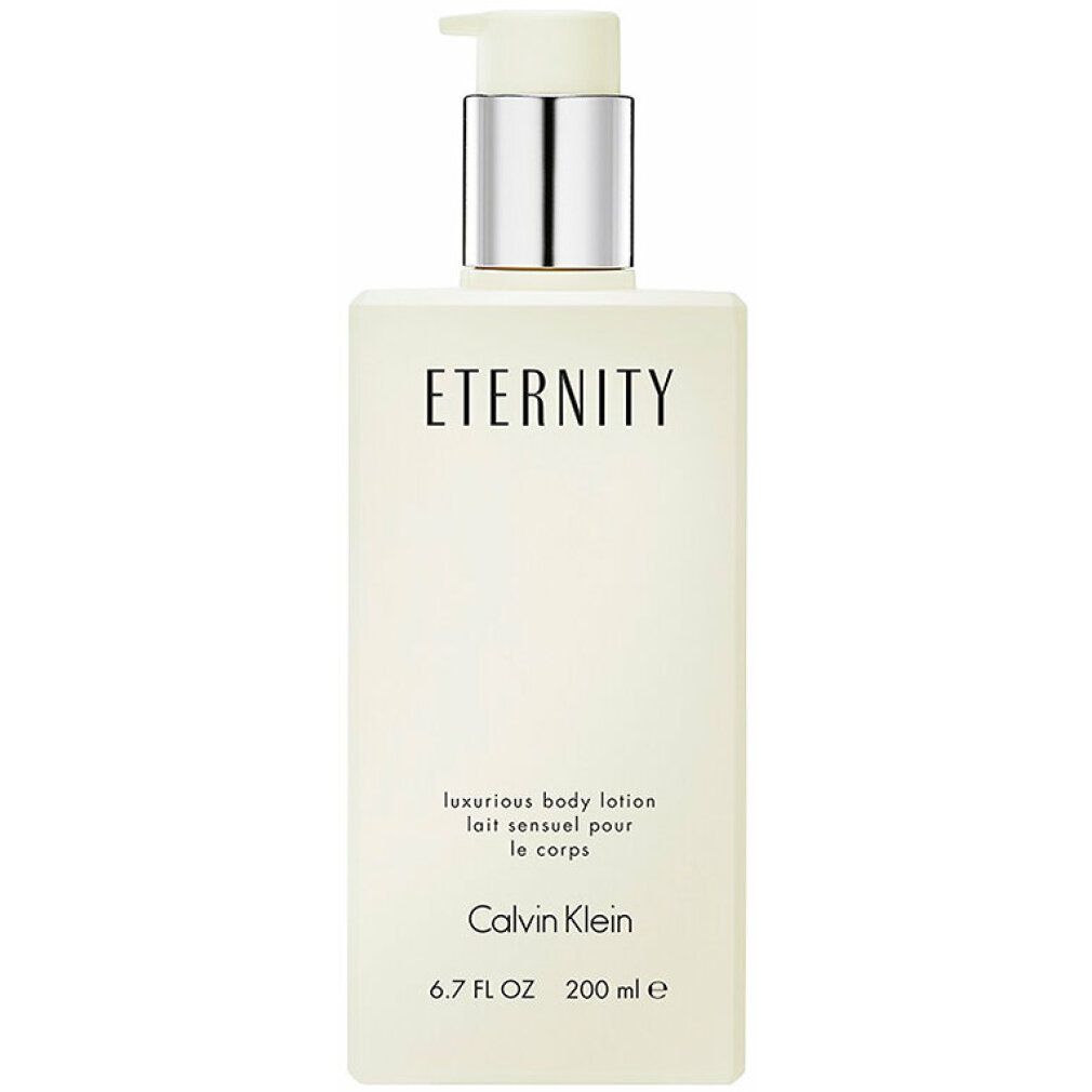 Flacone di lozione beige con dosatore. Scritta: ETERNITY, Calvin Klein. Testo: luxurious body lotion, lait sensuel pour le corps.