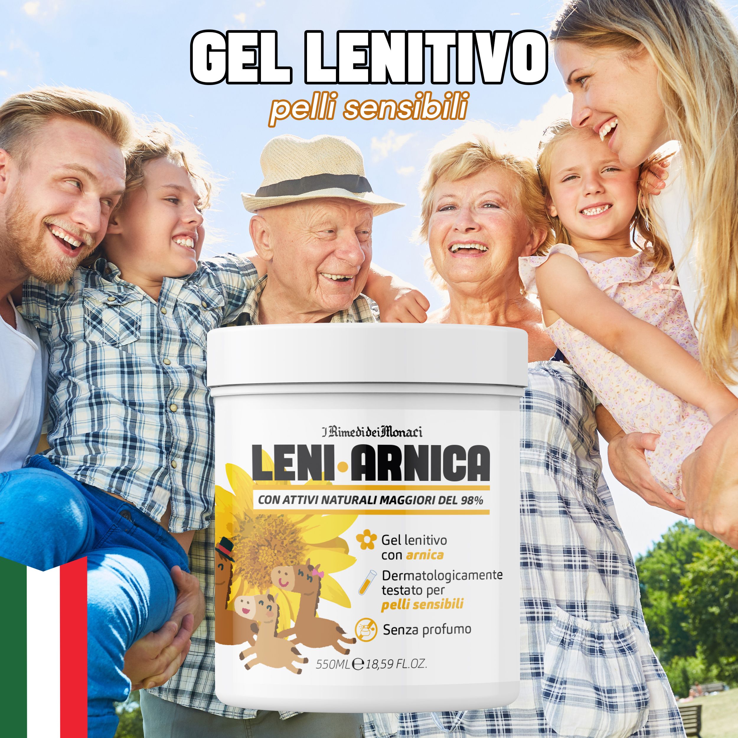Famiglia sorridente davanti a un vaso bianco con testo. Gel Arnica Lenitivo, dermatologicamente testato, senza profumo. Con logo.