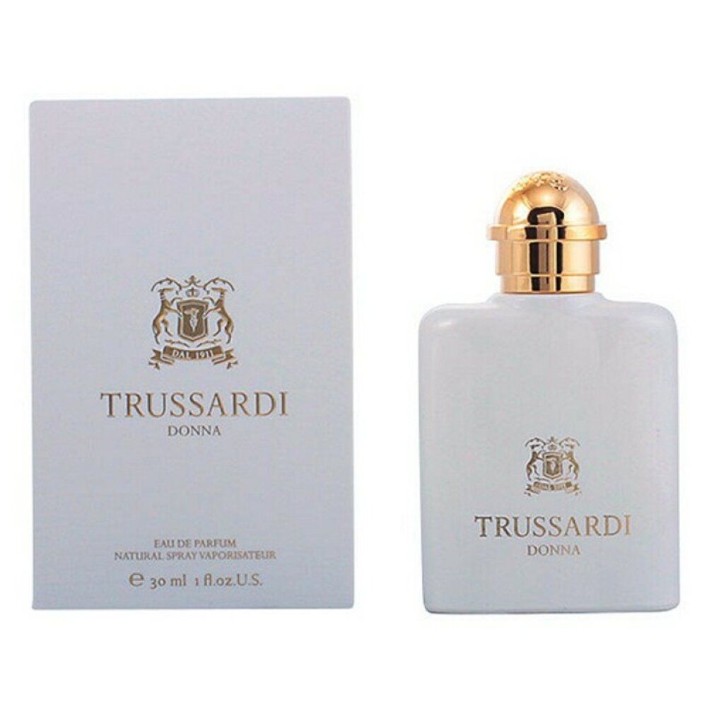 Scatola e flacone bianchi. Scritta: TRUSSARDI DONNA. Logo con stemma. Flacone con tappo dorato.