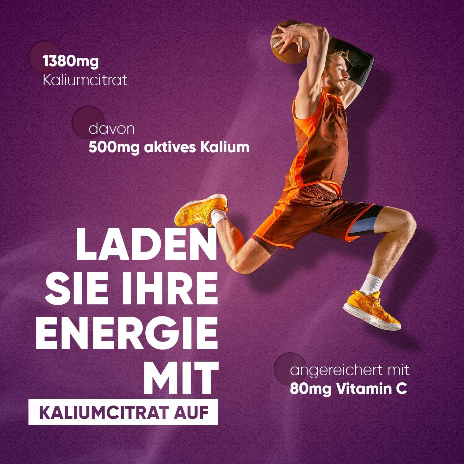 Immagine pubblicitaria con giocatore di basket. Testo: Ricarica la tua energia con citrato di potassio. Contiene 1380mg di citrato di potassio e 80mg di vitamina C.