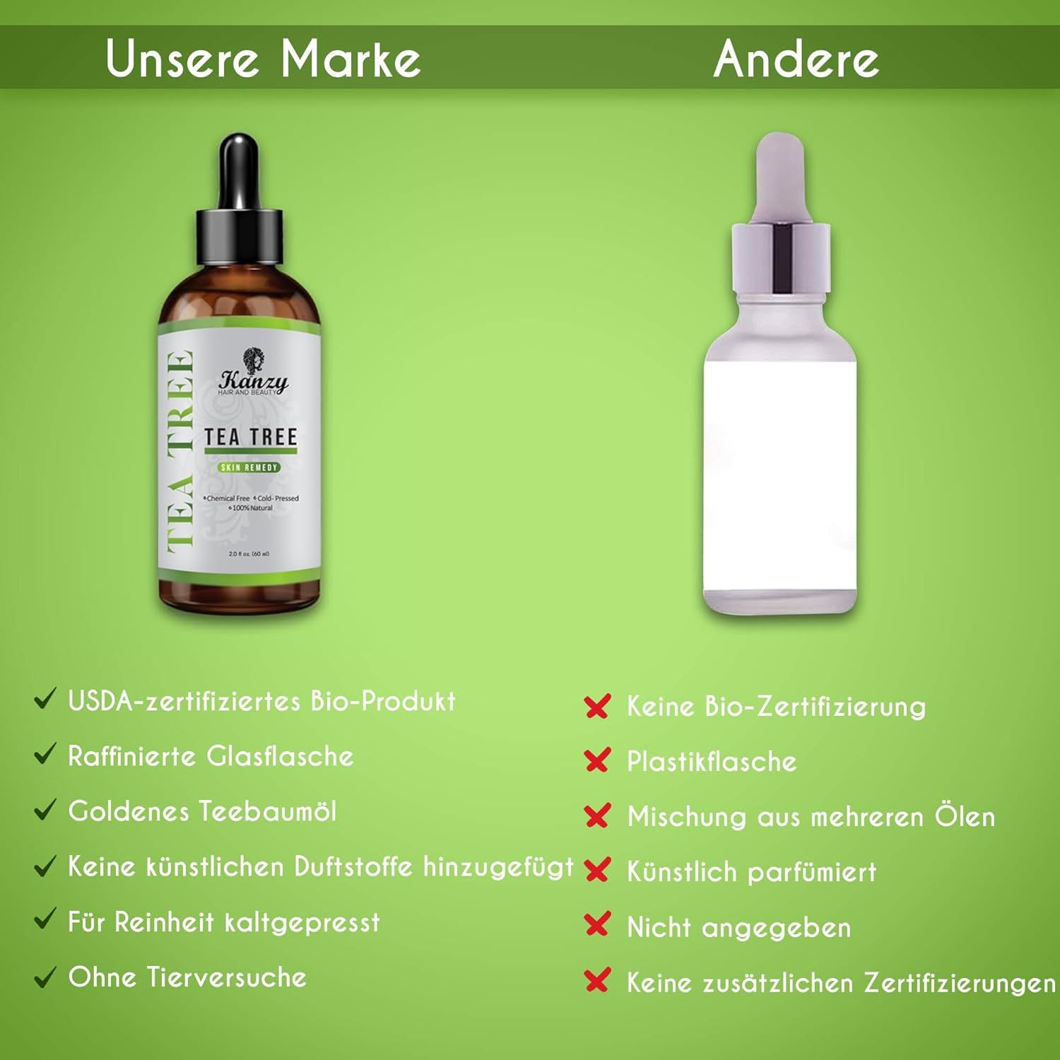 Confronto tra Kanzy Tea Tree Oil e un'altra bottiglia. Certificazione USDA, bottiglia di vetro, pressato a freddo.