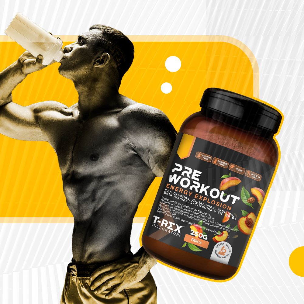 Uomo che beve da una bottiglia. Barattolo PRE WORKOUT. Testo: PRE WORKOUT ENERGY EXPLOSION. Testo: T-REX INTEGRATORI. Testo: PESCA.
