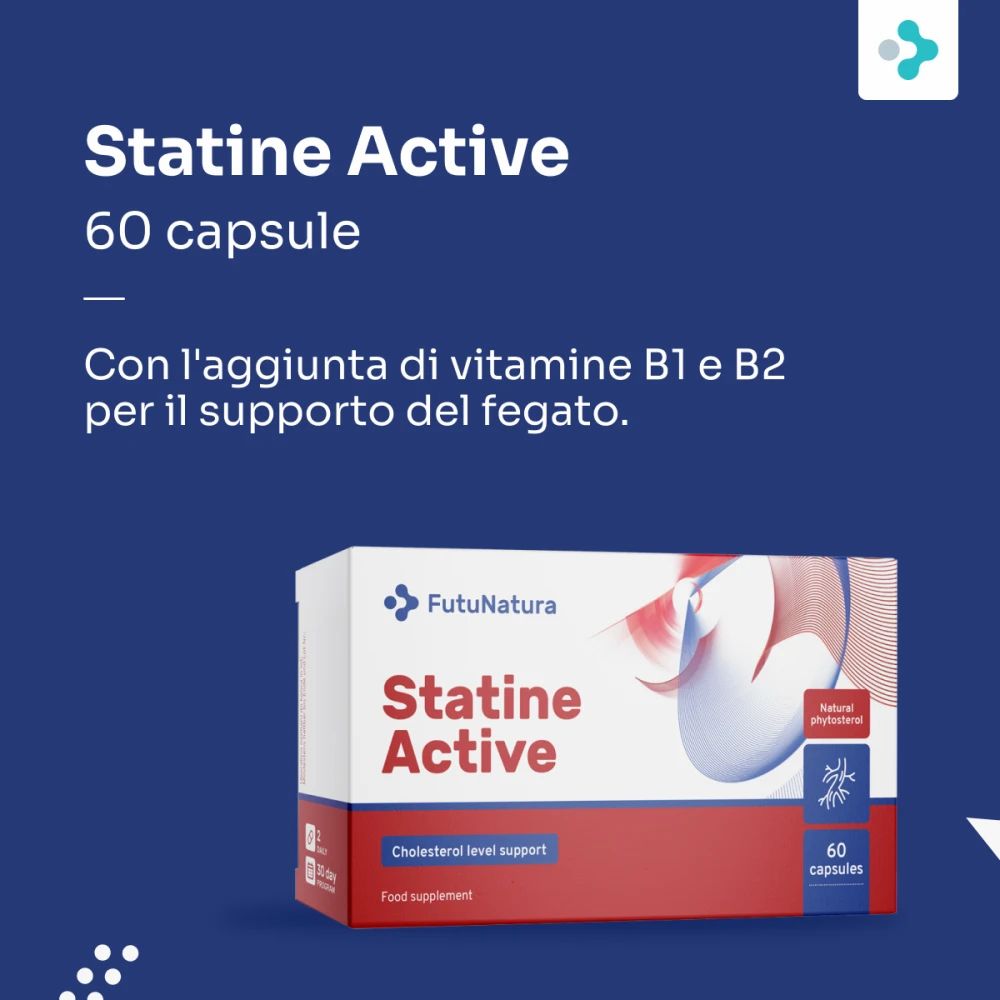 Pubblicità per Statine Active, 60 capsule. Con vitamina B1 e B2 per il supporto epatico. Confezione del prodotto sullo sfondo.