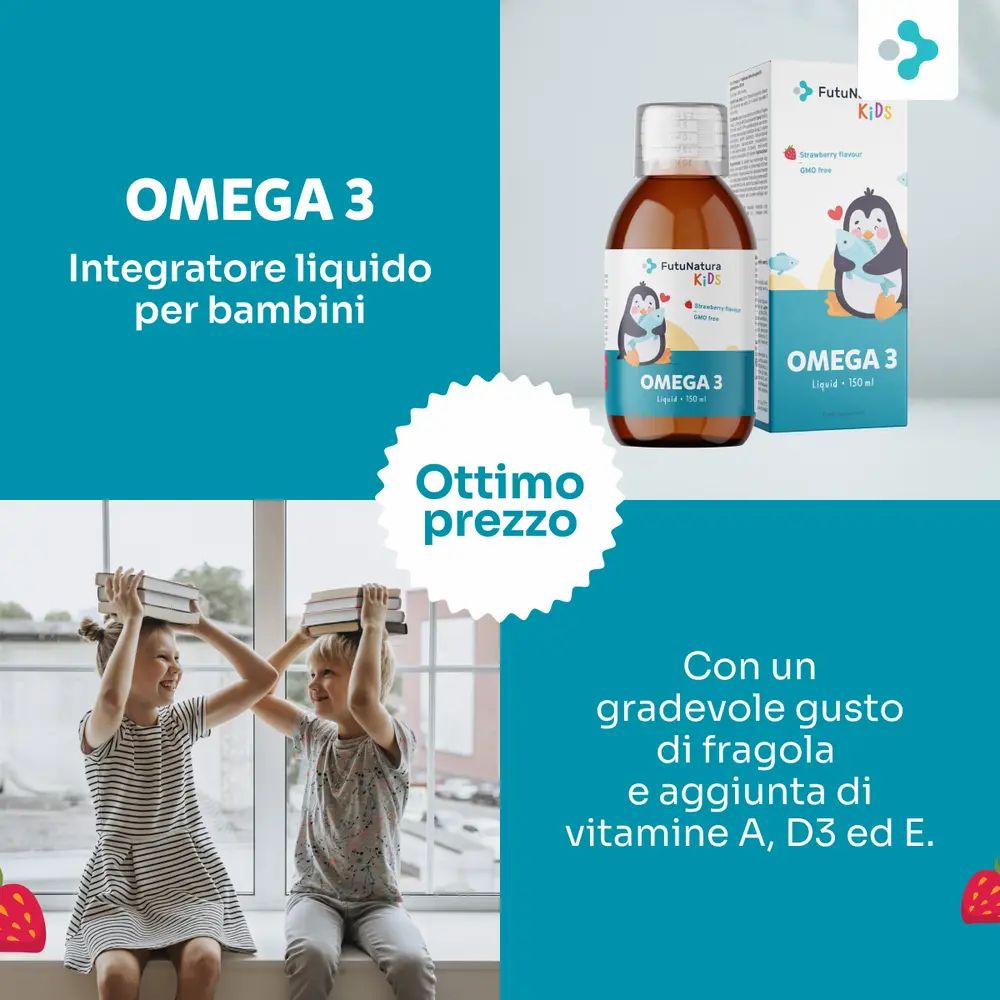 Pubblicità per Omega 3. Bottiglia e confezione con illustrazione di pinguino. Con gusto fragola e vitamine. Ottimo prezzo.