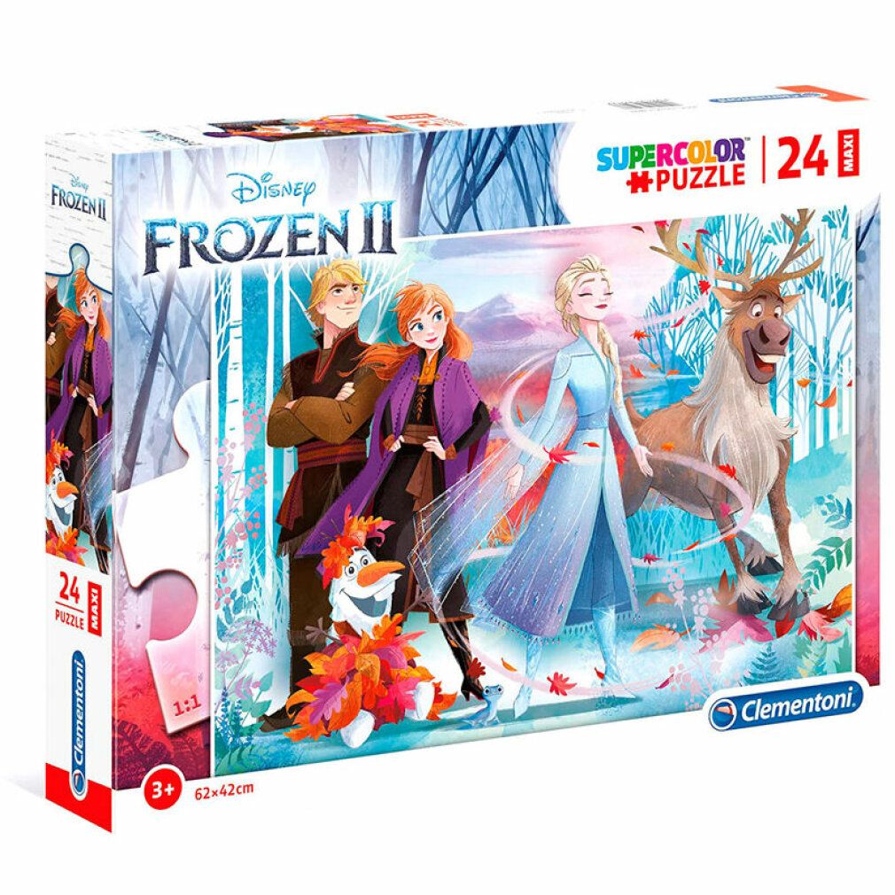 Scatola puzzle Frozen 2. 24 pezzi Maxi. Logo Clementoni. Età: 3+. Dimensioni: 62x42cm.