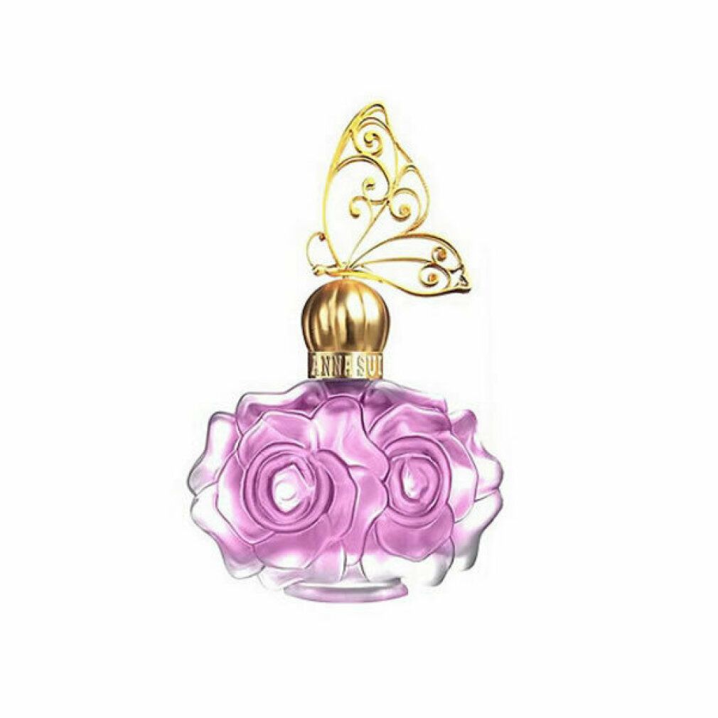 Flacone a forma di rosa rosa, tappo dorato a farfalla. Anna Sui La Vie de Boheme Eau de Toilette Spray.