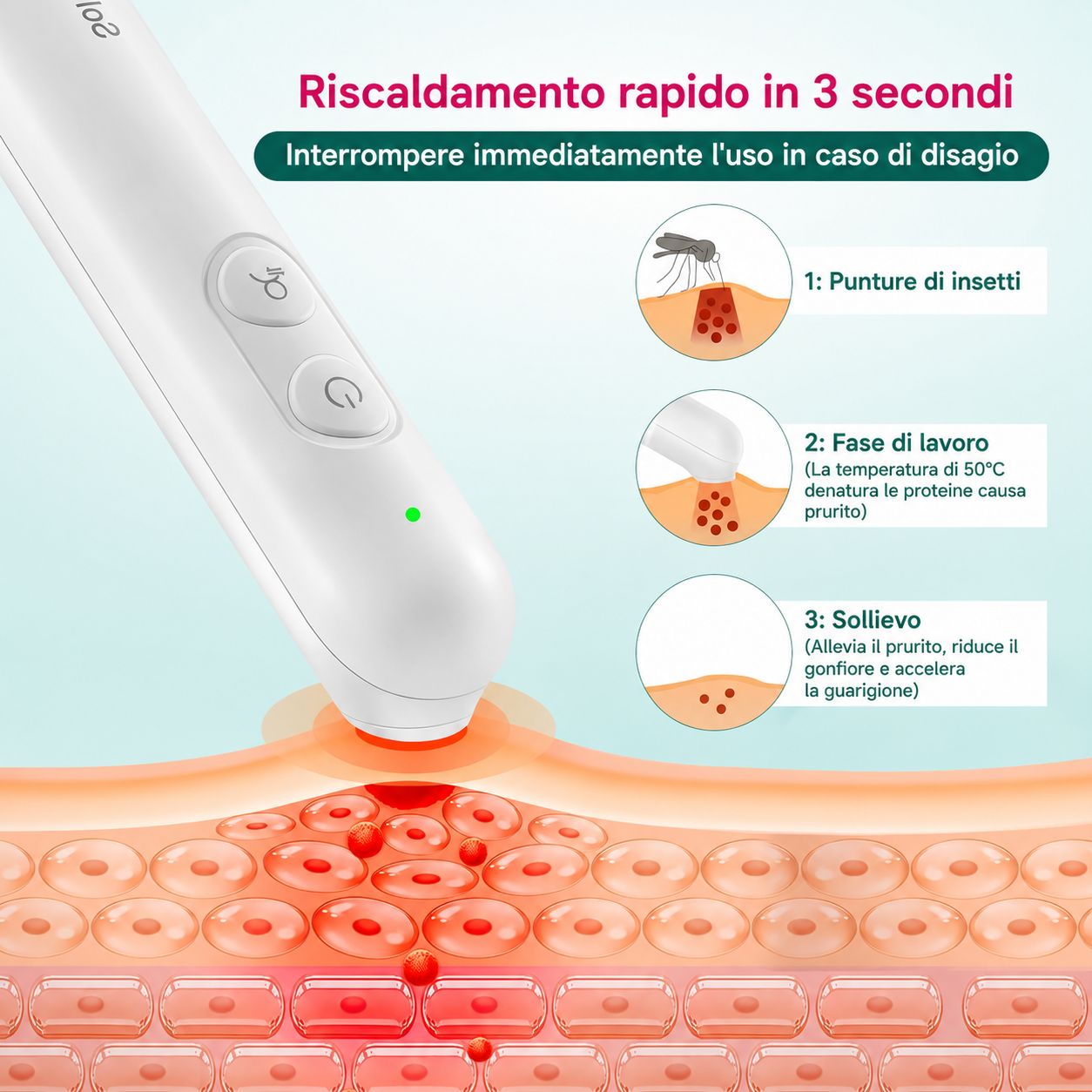 Dispositivo bianco per punture d'insetti con pulsanti e LED verde. Illustrazioni mostrano l'applicazione sulla pelle.