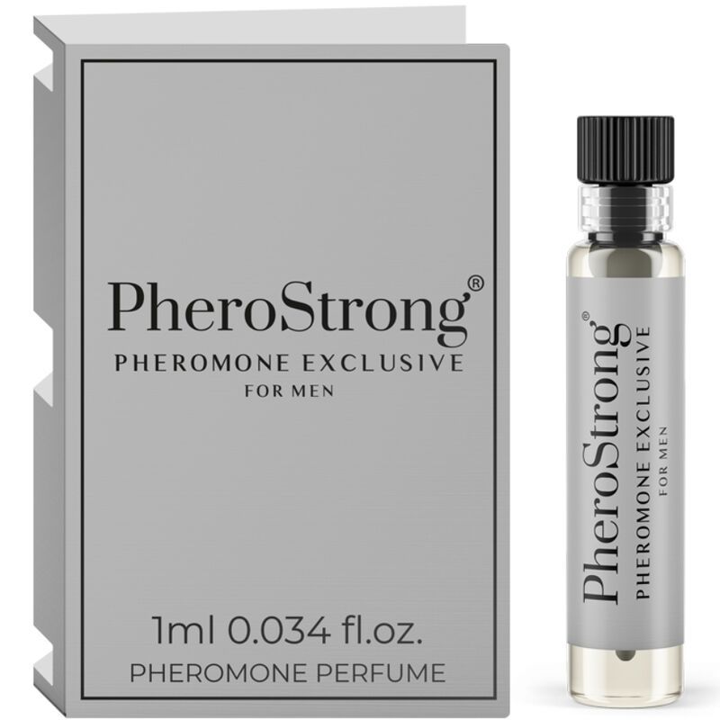 PheroStrong Profumo Pheromone Exclusive per Uomo, 1ml. Include un piccolo flacone di vetro con profumo e una card prodotto.