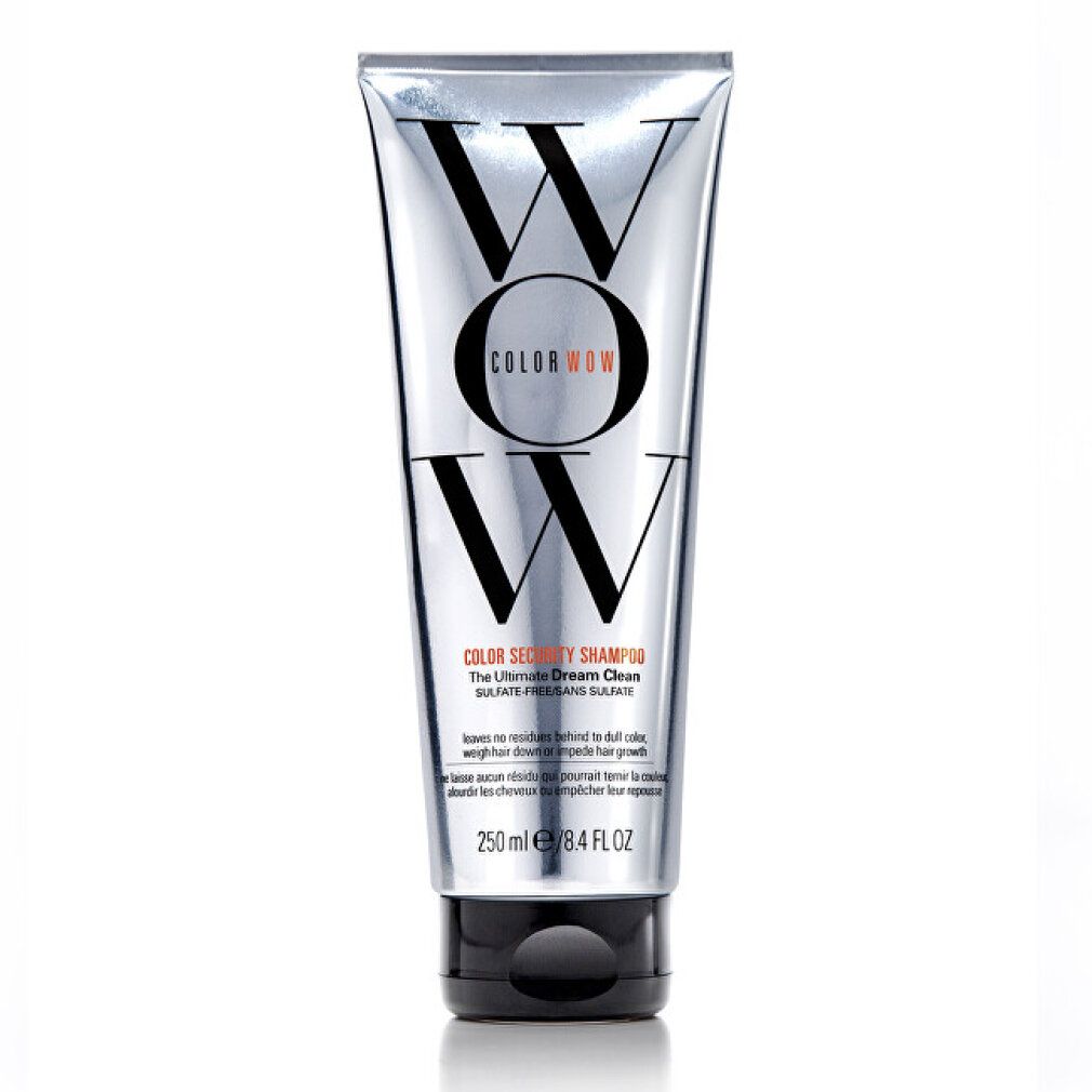 Tubo d'argento con tappo nero. Scritta "WOW COLOR WOW". Testo: "COLOR SECURITY SHAMPOO". Volume: 250 ml / 8.4 FL OZ.