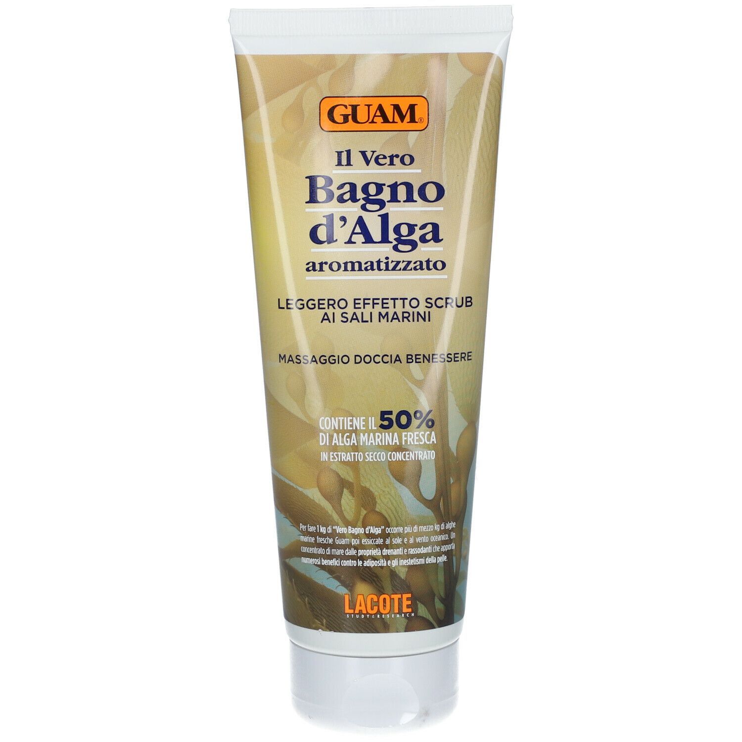 Tubo di GUAM Bagno d'Alga Aromatizzato. Nome e logo visibili. Contiene 50% di alghe marine fresche. Con sali marini.