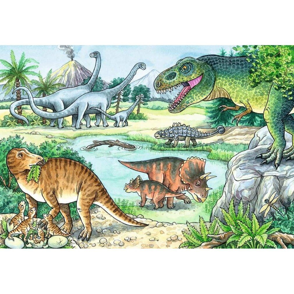 Immagine puzzle: dinosauri in un paesaggio preistorico. Varie specie di dinosauri, tra cui Brachiosaurus e Triceratops, vicino all'acqua.