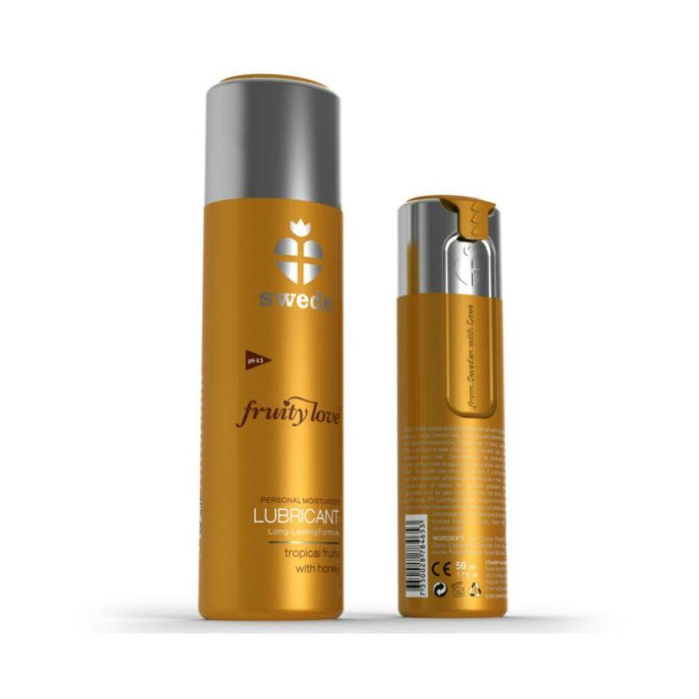 Due flaconi. Flacone dorato con tappo argentato. Scritte: Swede, Fruity Love, Lubricant. Flacone piccolo.