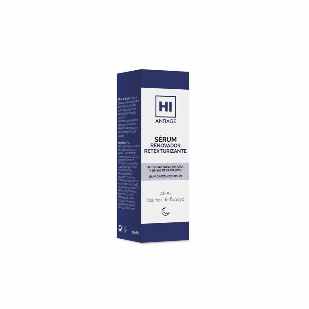Flacone di siero blu con tappo bianco. Scritta: HI ANTIAGE, Sérum Renovador Retexturizante, AHAs Enzimas de Papaya.
