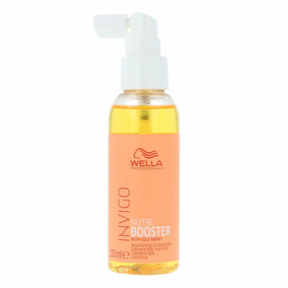 Flacone con etichetta arancione. Scritta: Invigo Nutri Booster. Con bacche di goji. Con erogatore spray.