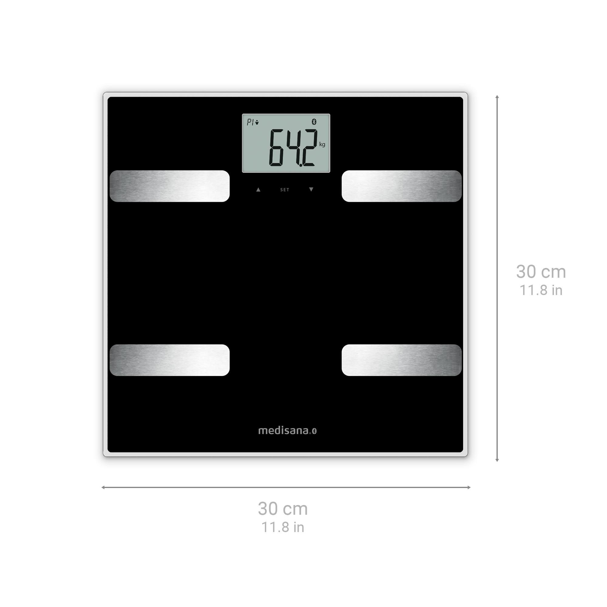 Bilancia per l'analisi corporea nera con display digitale. Dimensioni: 30 x 30 cm. Quattro superfici metalliche. Marca: medisana. Visualizzazione del peso: 64,2 kg.