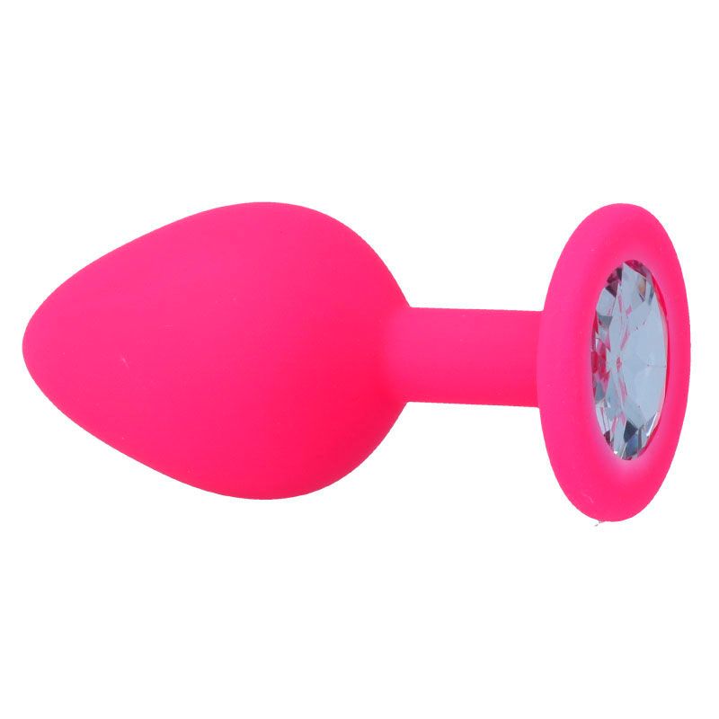 Plug anale rosa con cristallo, vista laterale.