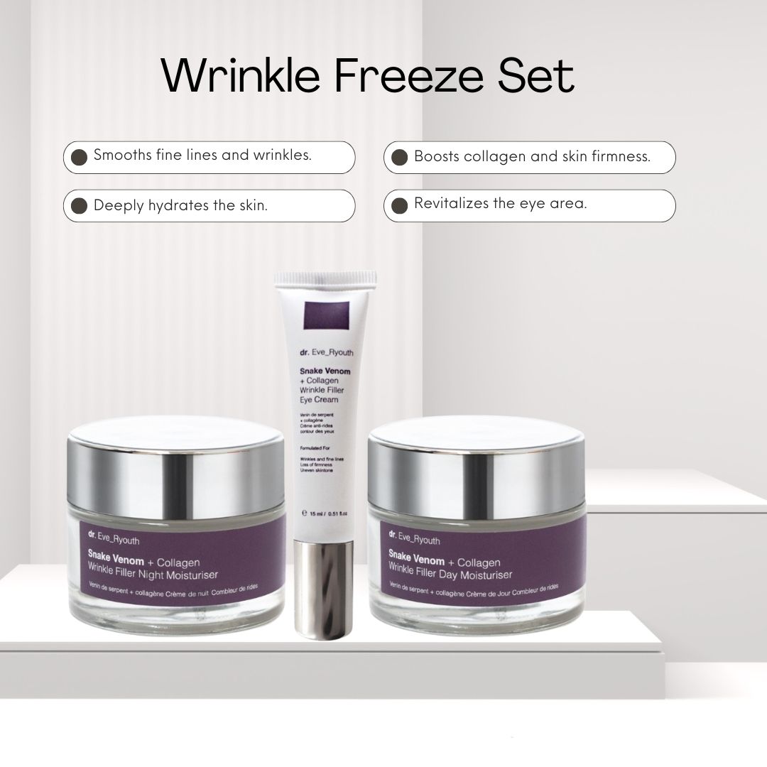 Set cosmetico con crema giorno e notte in vasetto, crema occhi in tubo. Etichette viola, coperchi argento. Marchio: Dr. Eve_Ryouth.