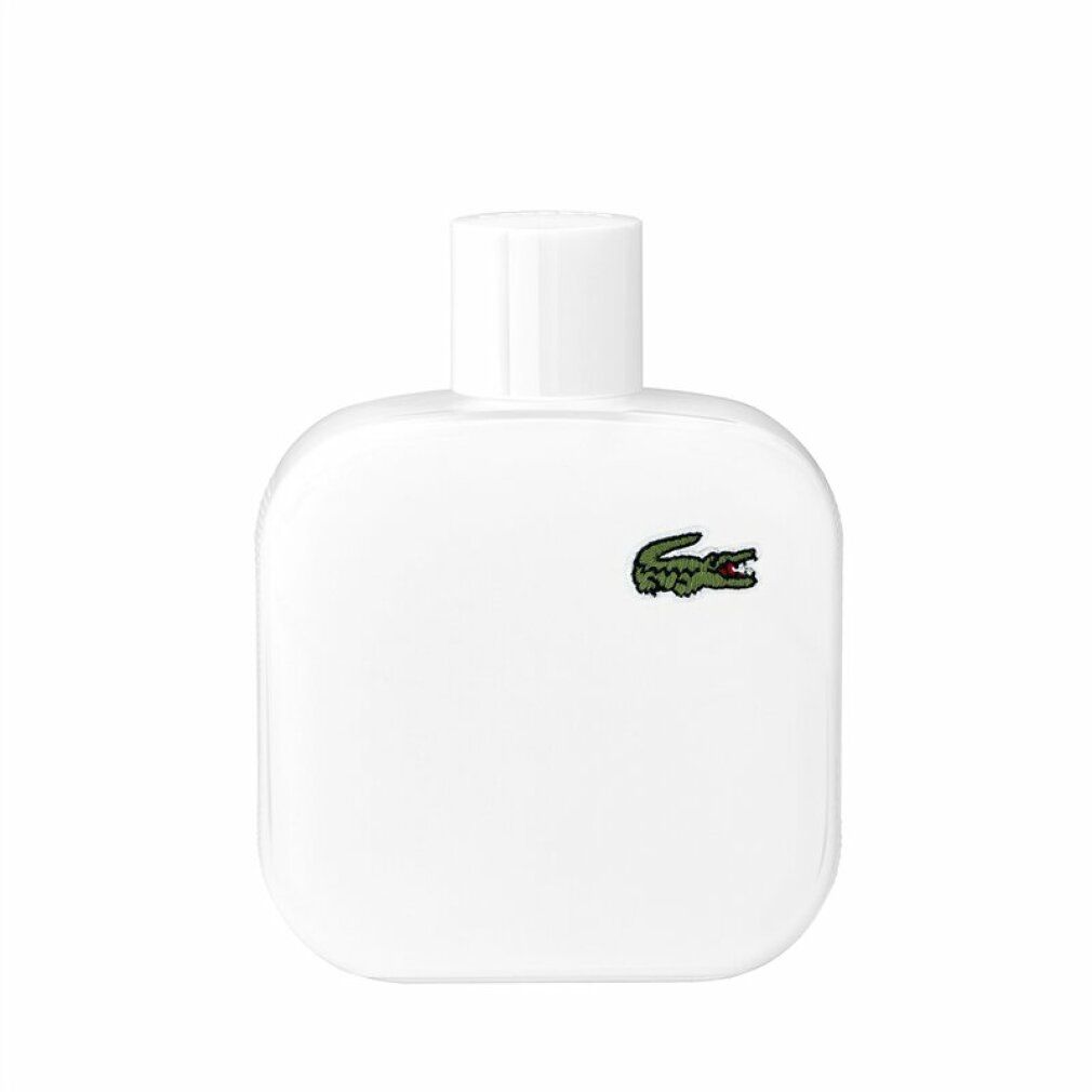 Flacone di profumo bianco con tappo bianco. Forma quadrata con logo coccodrillo verde. Flacone per Eau de Toilette.