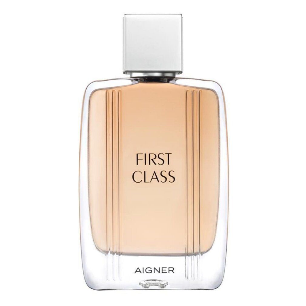 Flacone di profumo con tappo quadrato. Scritta "FIRST CLASS" e "AIGNER".