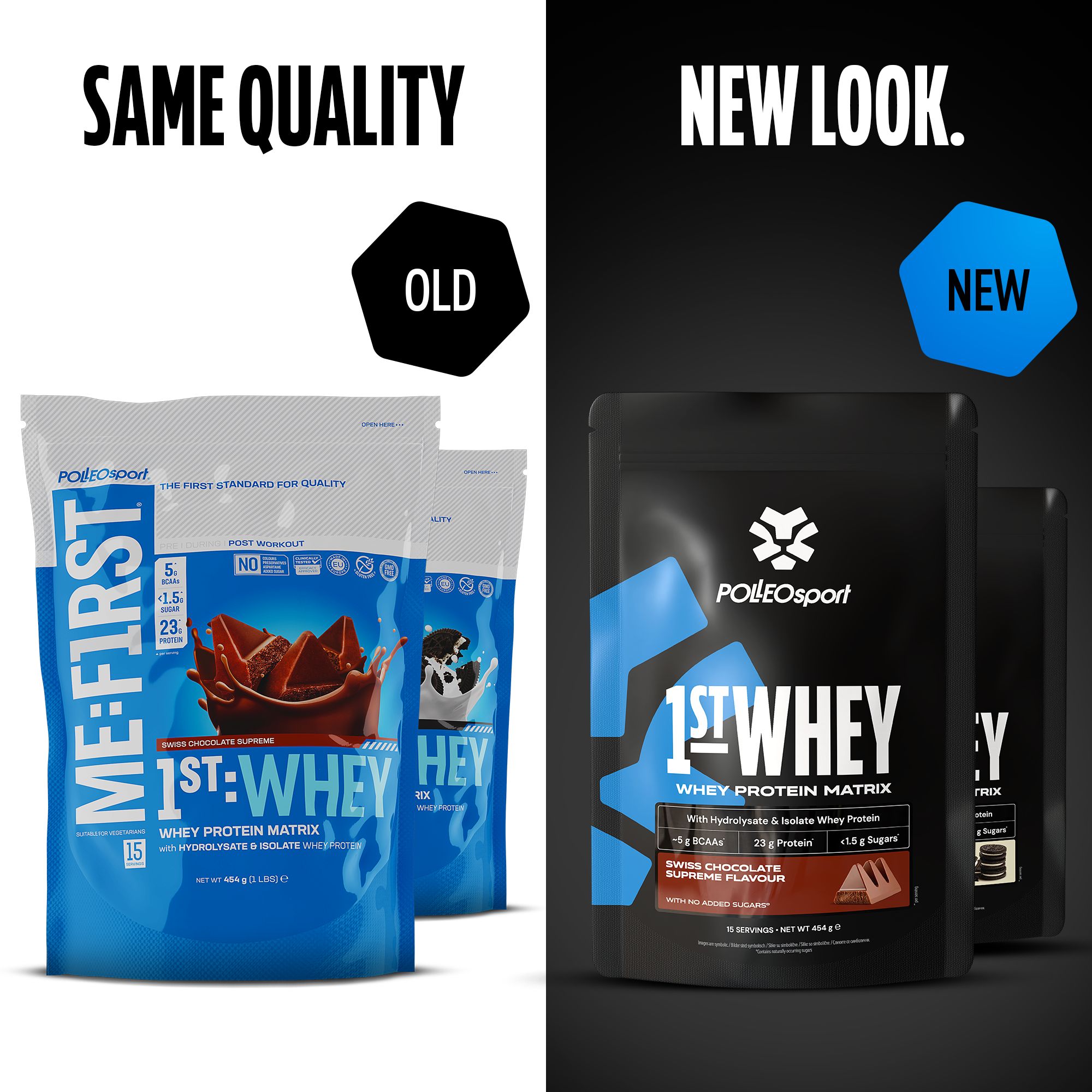 Confronto: vecchie e nuove confezioni "1ST:WHEY". A sinistra: buste blu. A destra: buste nere. Marchio: PolleoSport.