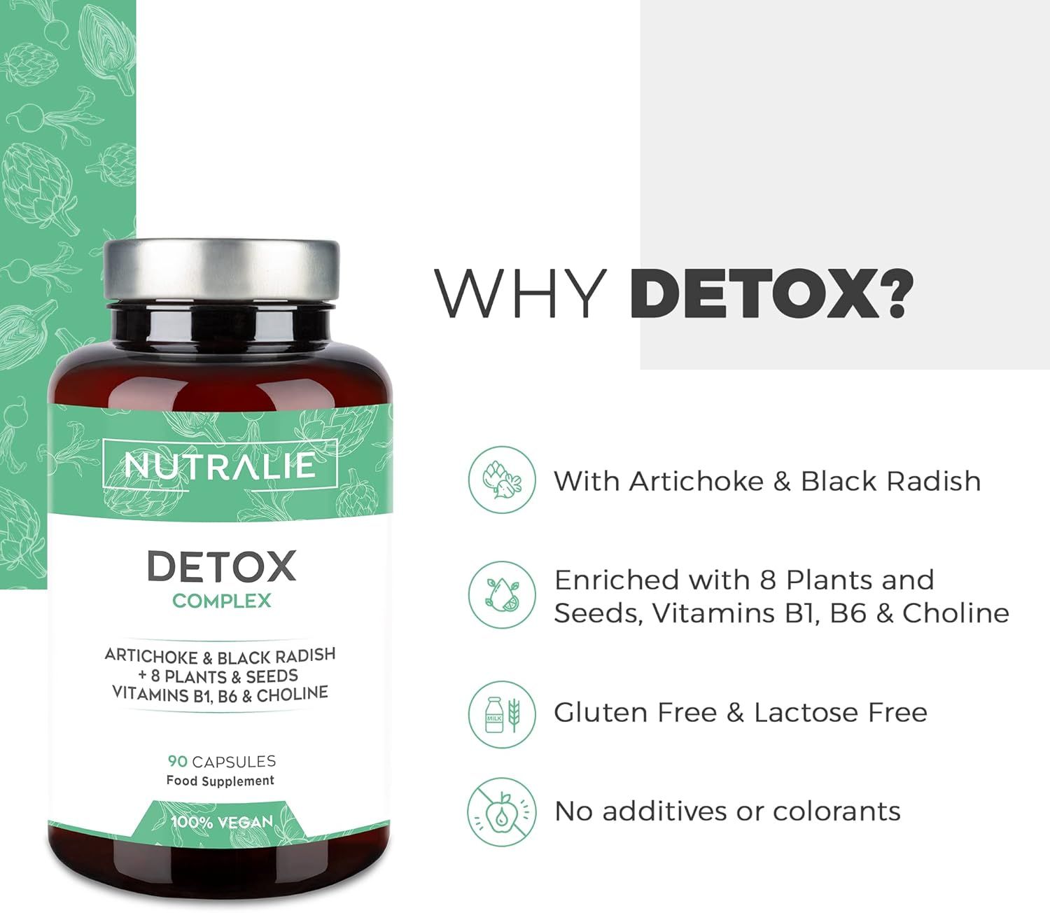 Flacone Nutralie Detox Complex con etichetta bianca. Contiene carciofo, ravanello nero, 8 piante & semi, senza glutine, senza lattosio.