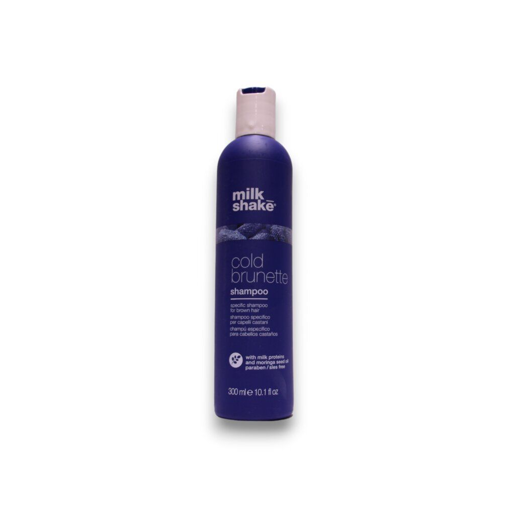Milk Shake Cold Brunette Shampoo, 300ml. Flacone viola con tappo bianco a scatto.