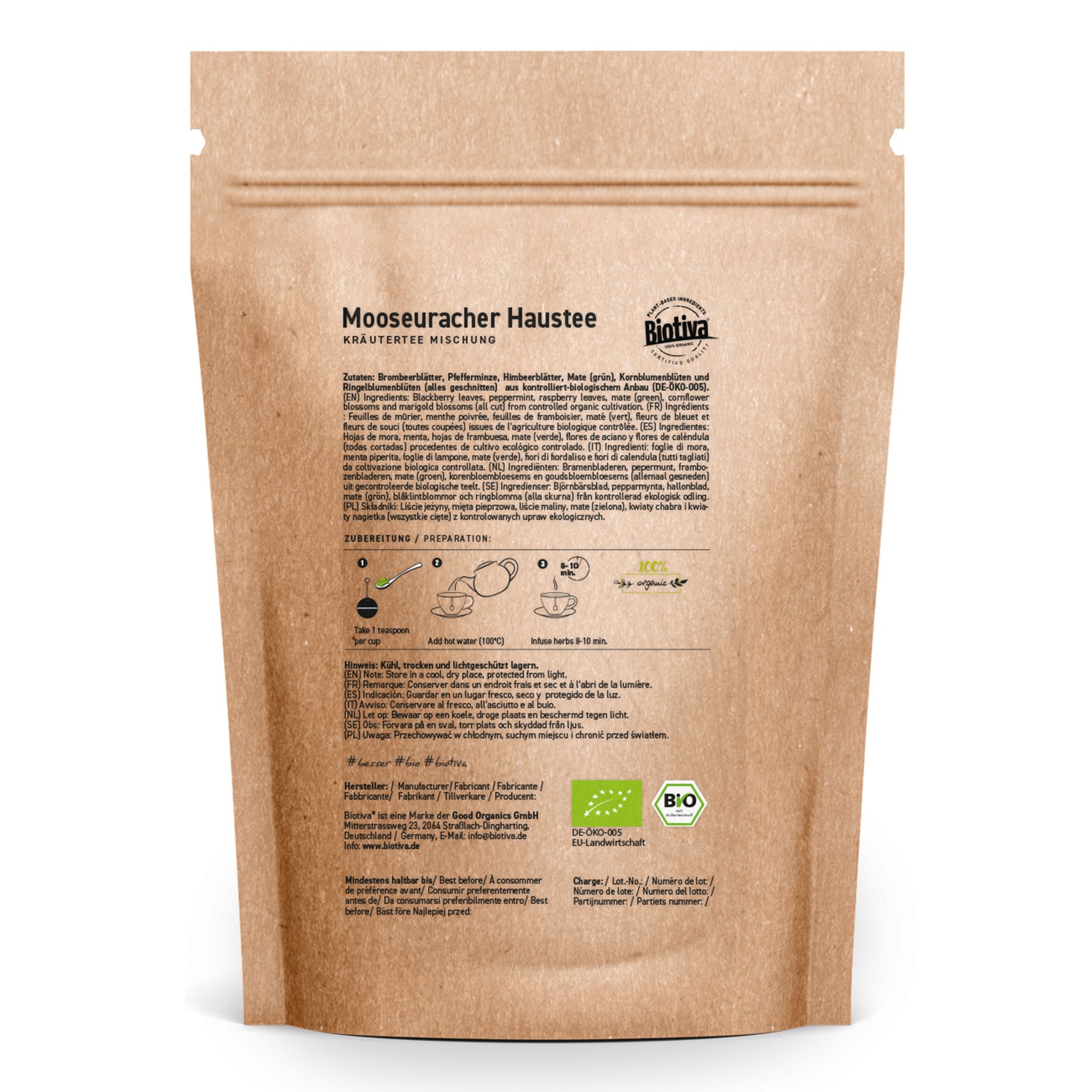 Retro di una busta di miscela di erbe. Testo: Mooseuracher Haustee, ingredienti, preparazione, sigillo bio, marchio Biotiva.