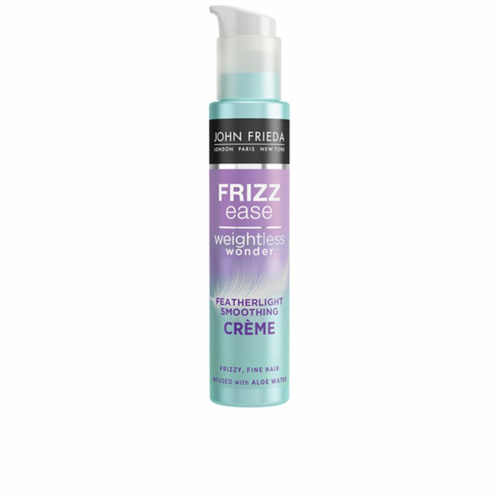 Flacone John Frieda Frizz Ease Weightless Wonder Smoothing Crème. Turchese, viola e bianco. Con pompa.