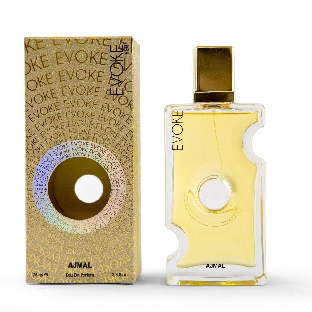 Flacone di profumo e confezione. Flacone con tappo dorato. Scritte: EVOKE e AJMAL. Confezione con foro.