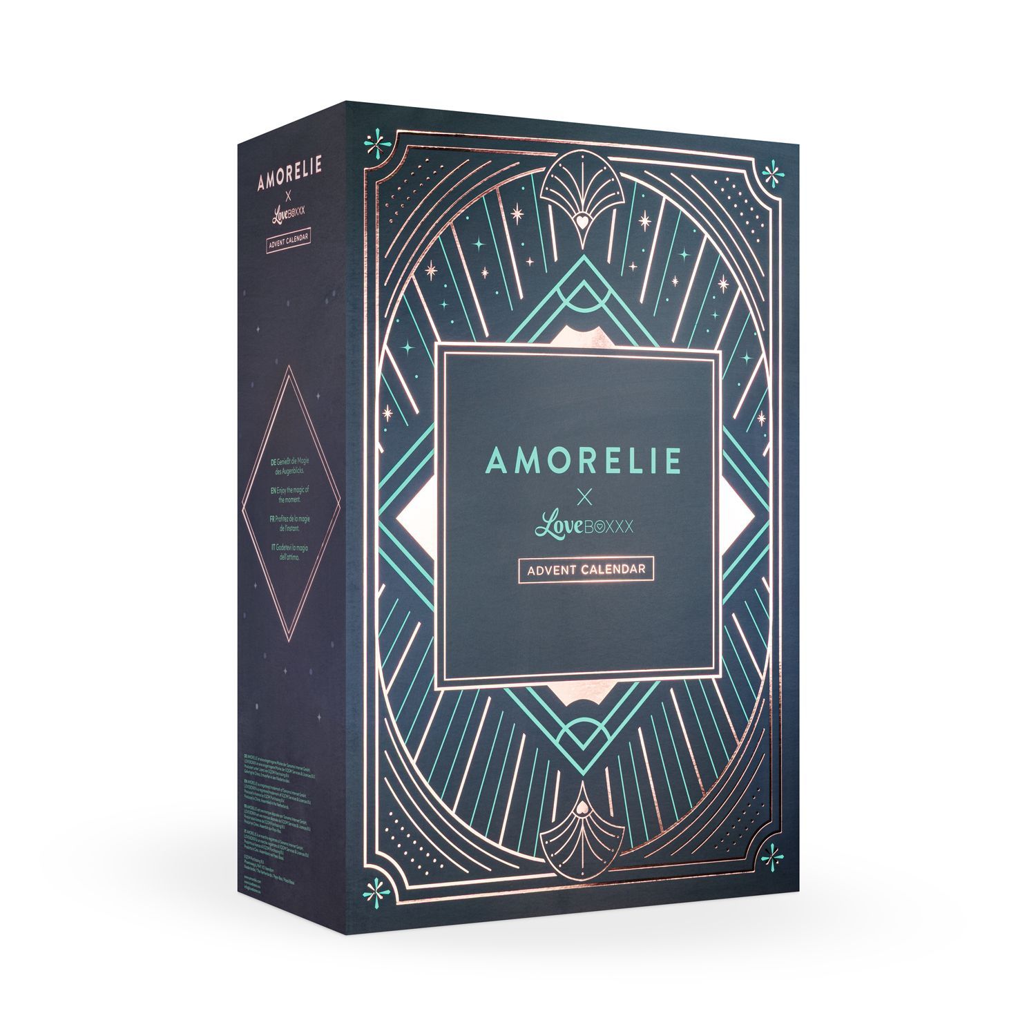 Confezione del calendario dell'Avvento. Scatola rettangolare con motivo geometrico e logo AMORELIE x Loveboxxx.