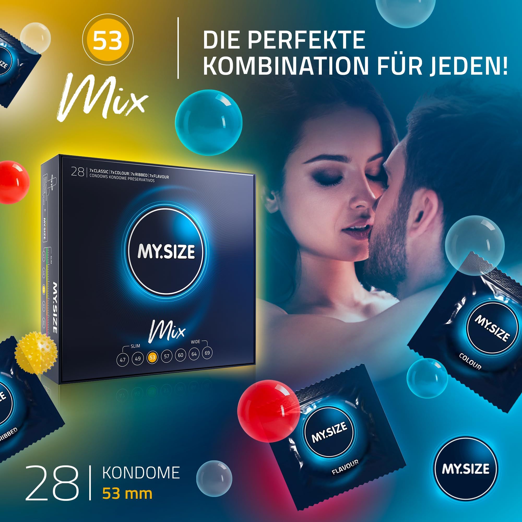 MY.SIZE Mix 53mm: 28 preservativi, incluse le varianti Classic, Colour, Flavour, Ribbed.